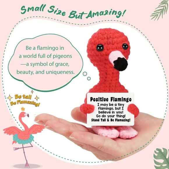 Handmade Inspirational Knit Flamingo Positive Crochet Motivate Mini Plushie Doll - Picture 2 of 4